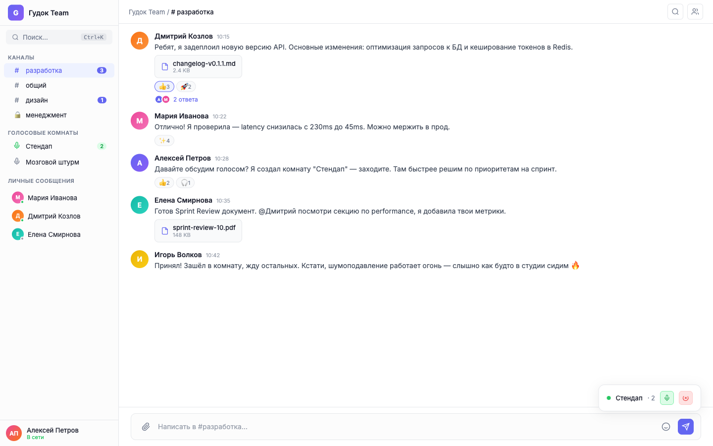 Каналы с сообщениями, файлами, реакциями и тредами